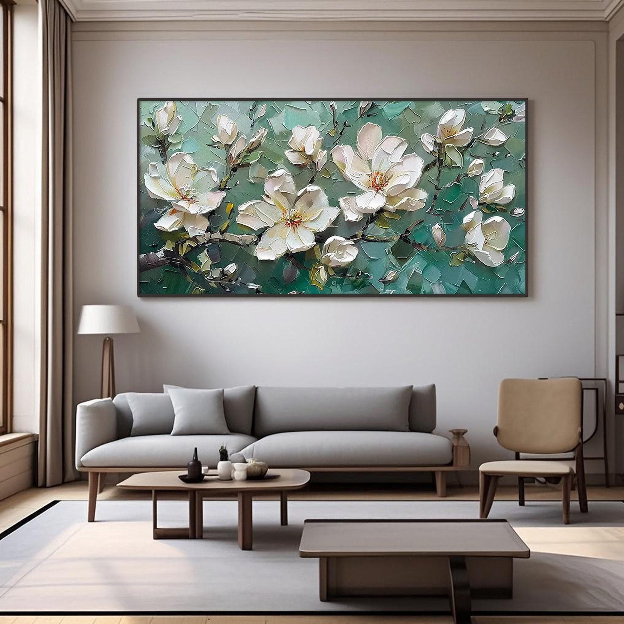 Textured wall art featuring magnolia blooms in elegant home decor