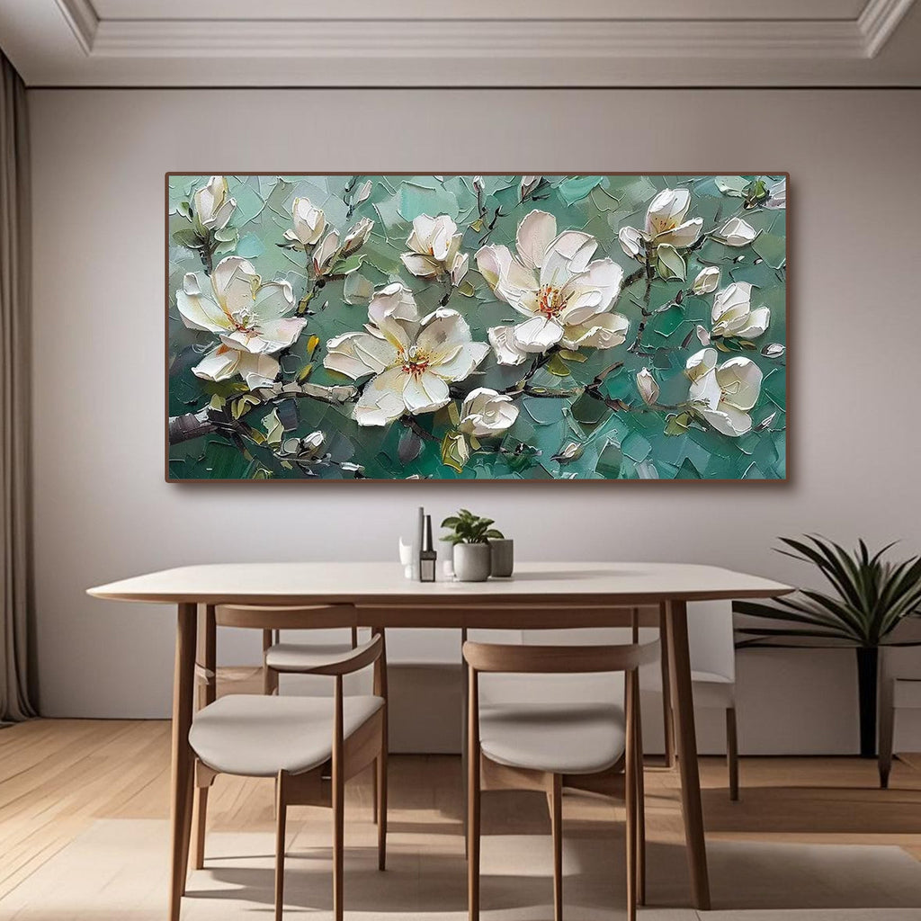 Abstract floral canvas art displayed in a modern living room interior