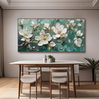 Abstract floral canvas art displayed in a modern living room interior