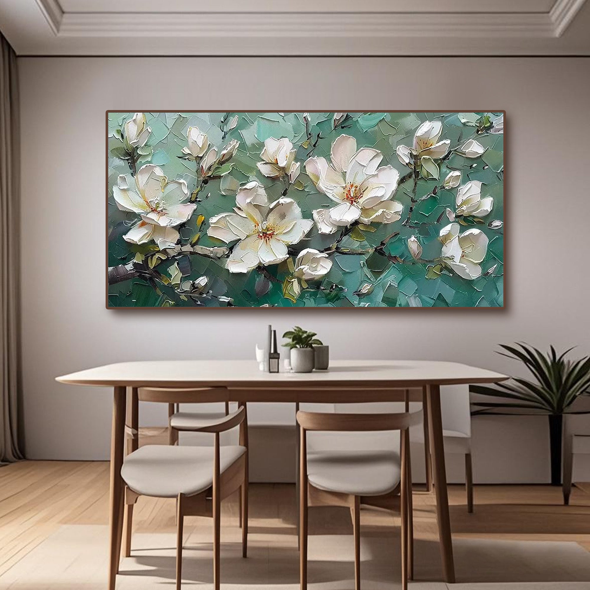 Abstract floral canvas art displayed in a modern living room interior