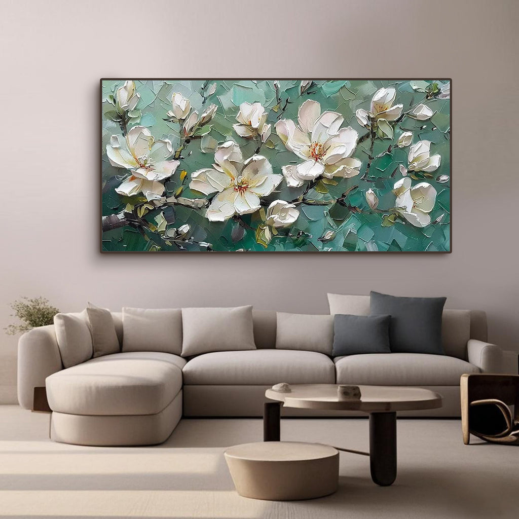 Abstract floral painting in green hues enhancing a contemporary space