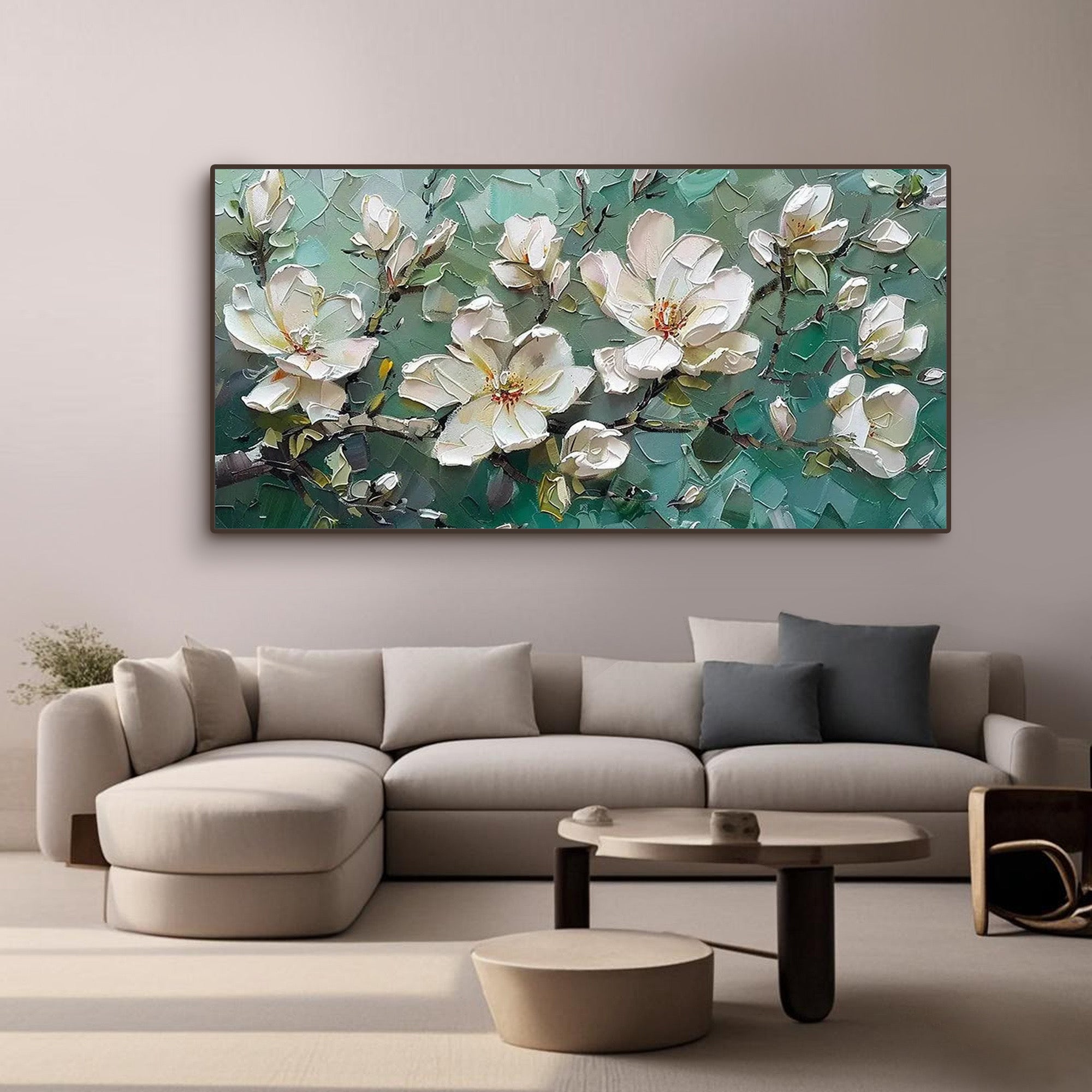 Abstract floral painting in green hues enhancing a contemporary space