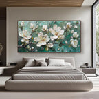 Horizontal hand-painted floral artwork styled in a minimalist bedroom