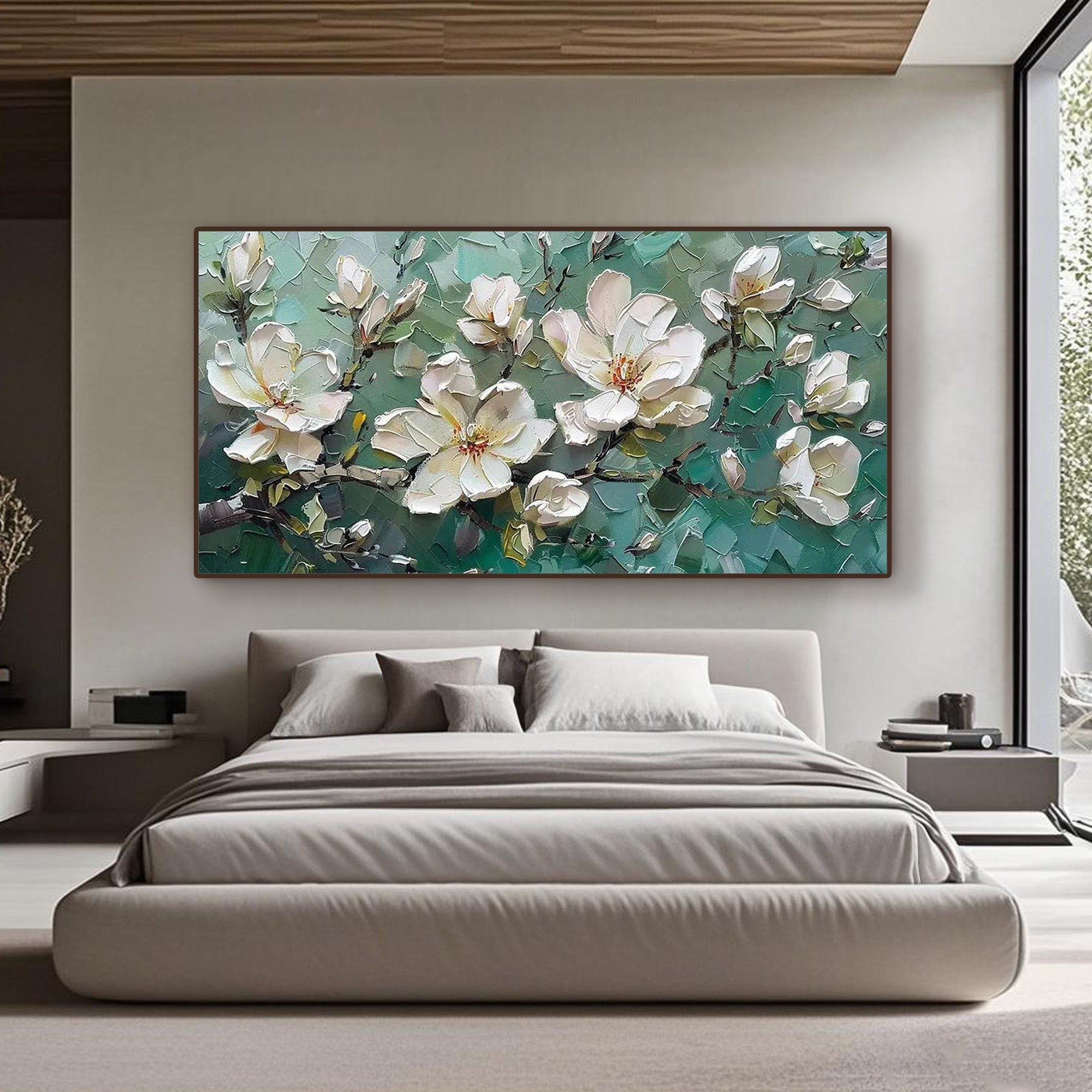 Horizontal hand-painted floral artwork styled in a minimalist bedroom