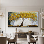 "Golden Veil" gold tree canvas art displayed in a luxury dining room.
