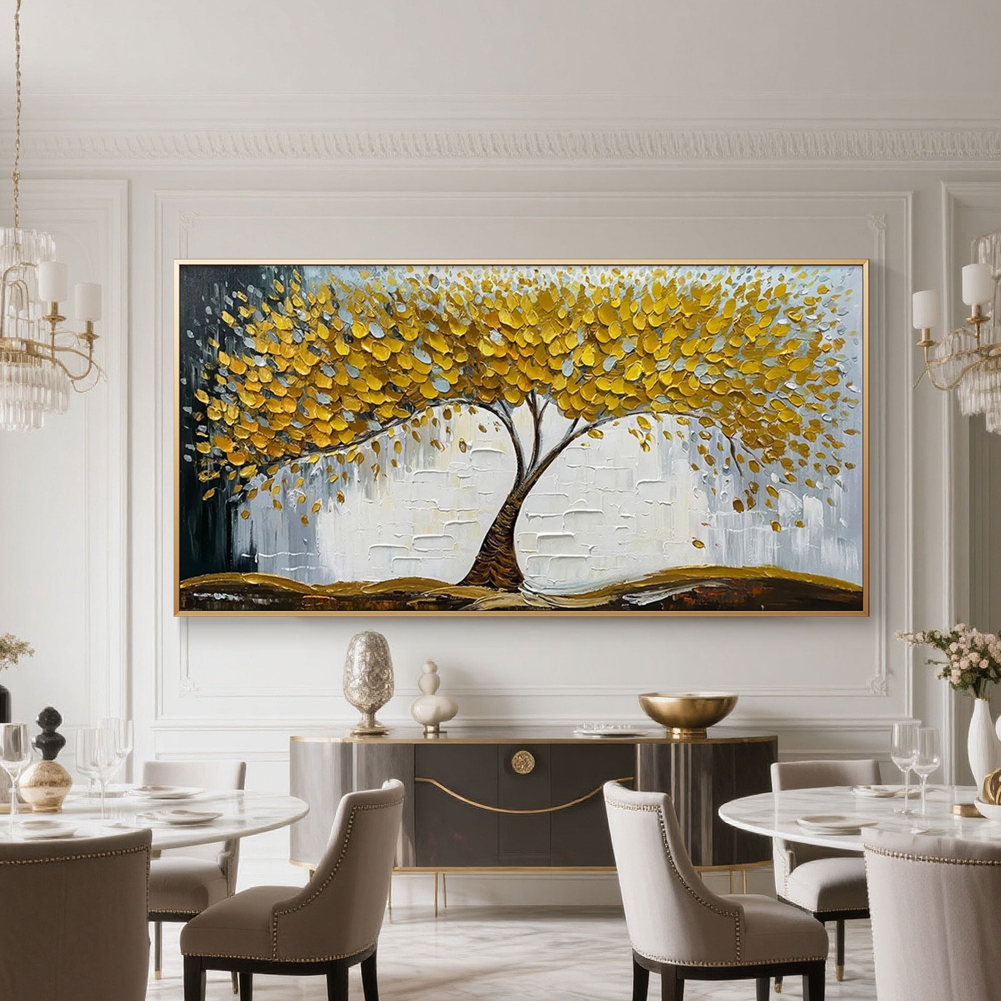"Golden Veil" gold tree canvas art displayed in a luxury dining room.