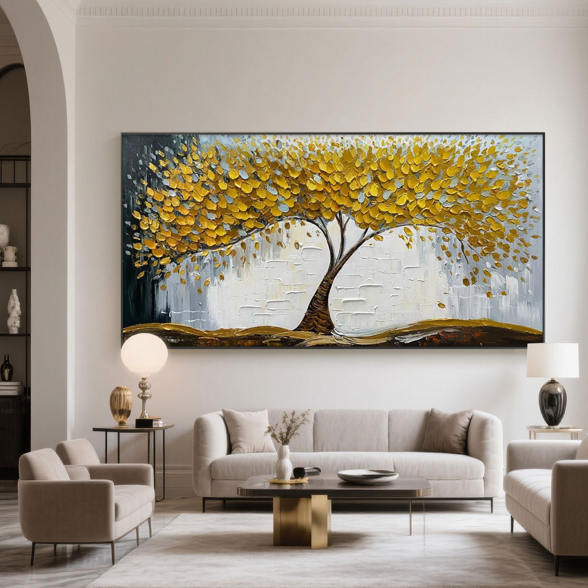 "Golden Veil" gold tree art above a modern living room sofa.