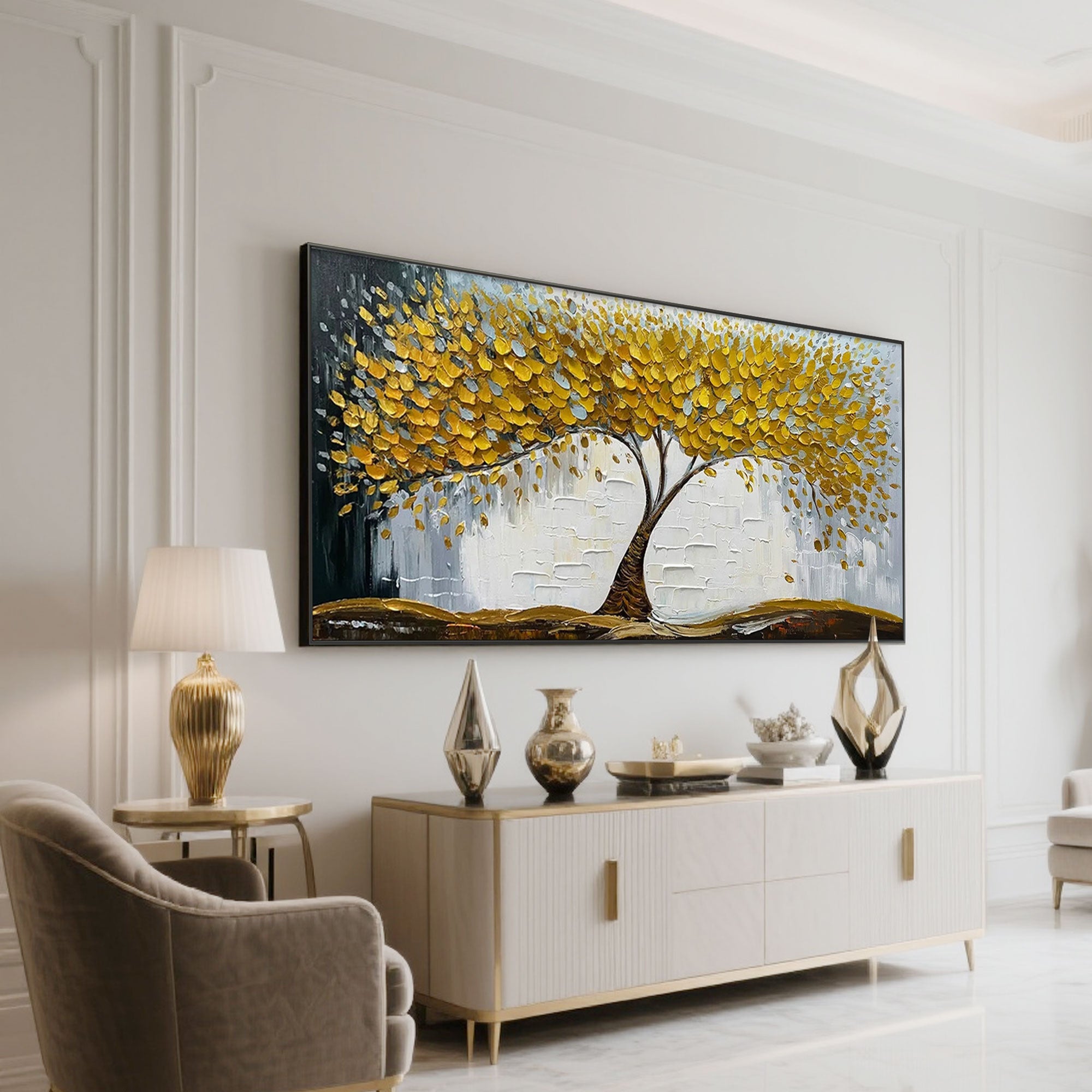 "Golden Veil" abstract art hanging over a modern console in a living room.