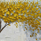 Hand-painted golden blossom tree on canvas with textured oil paint.