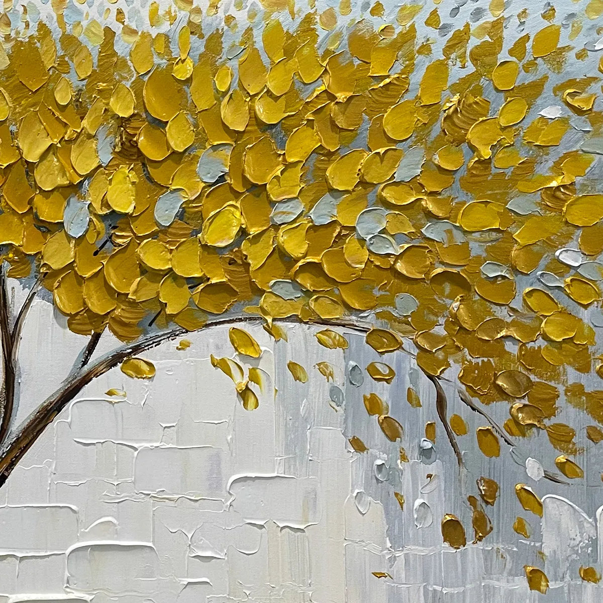 Hand-painted golden blossom tree on canvas with textured oil paint.