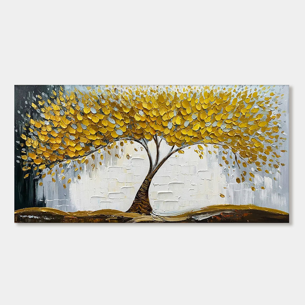 Close-up of the "Golden Veil" textured abstract gold tree painting.