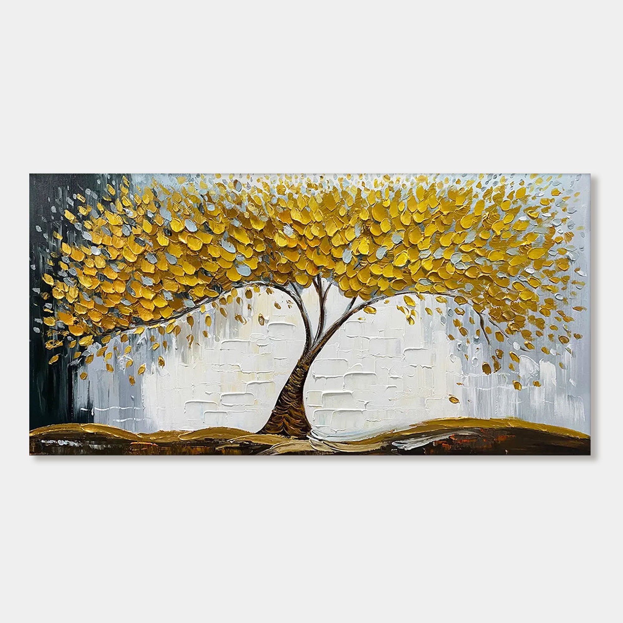 Close-up of the "Golden Veil" textured abstract gold tree painting.