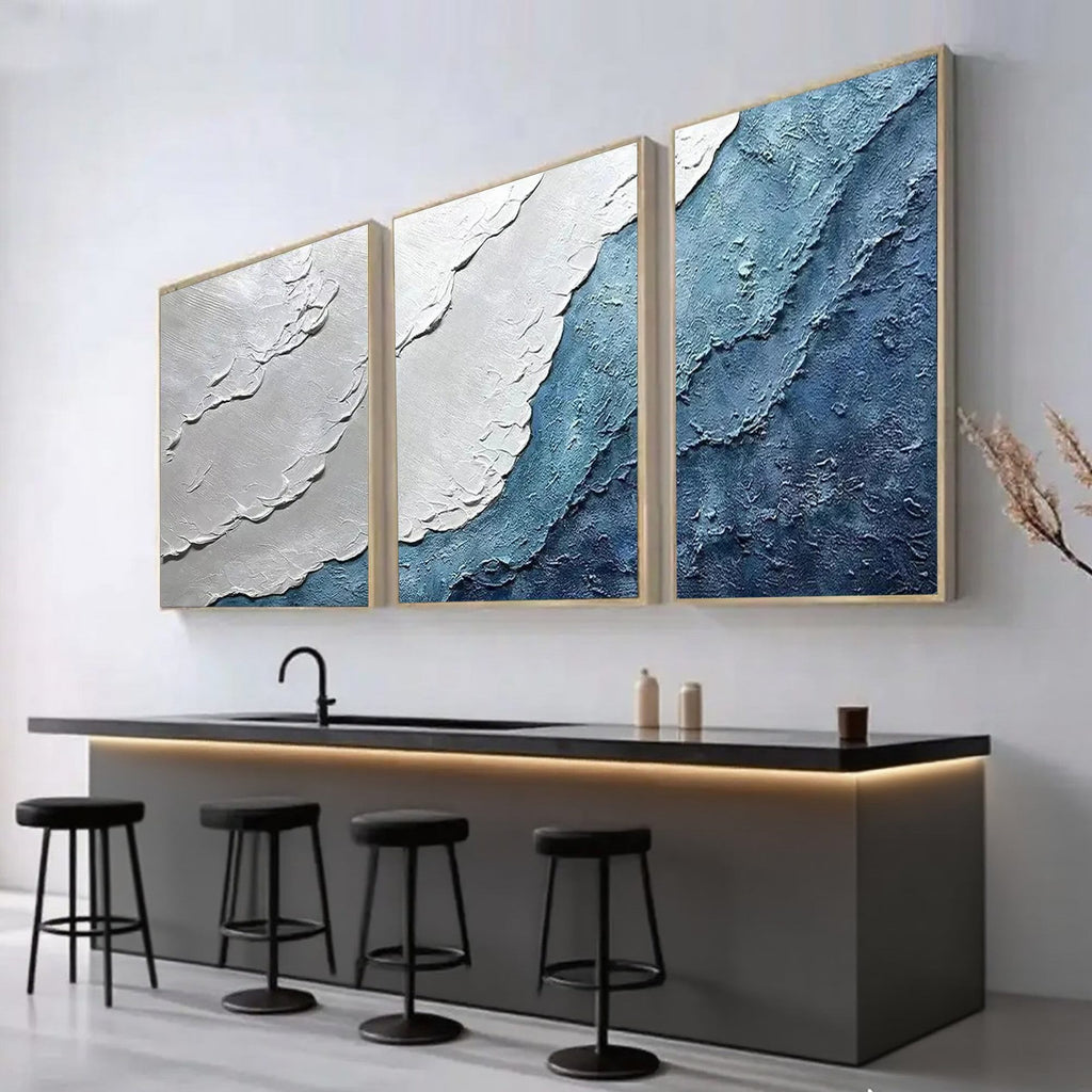 Marine Grace abstract ocean canvas art, a calming blue and white triptych.