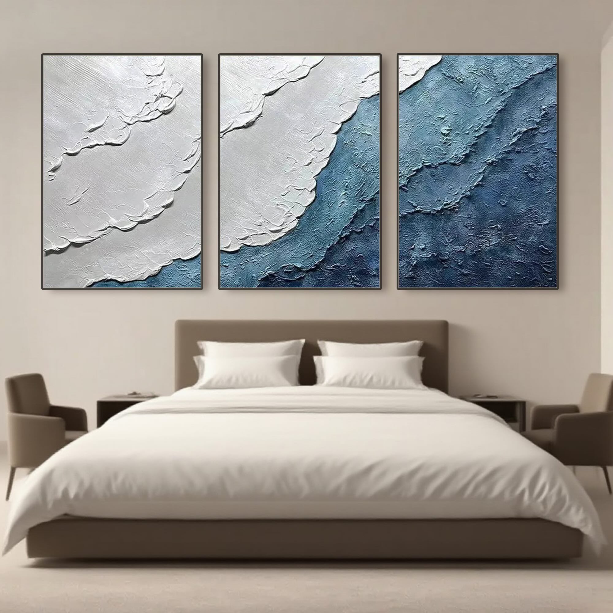 Marine Grace abstract ocean canvas art, a calming blue and white triptych.