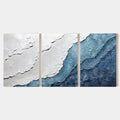 Marine Grace abstract ocean canvas art, a calming blue and white triptych.