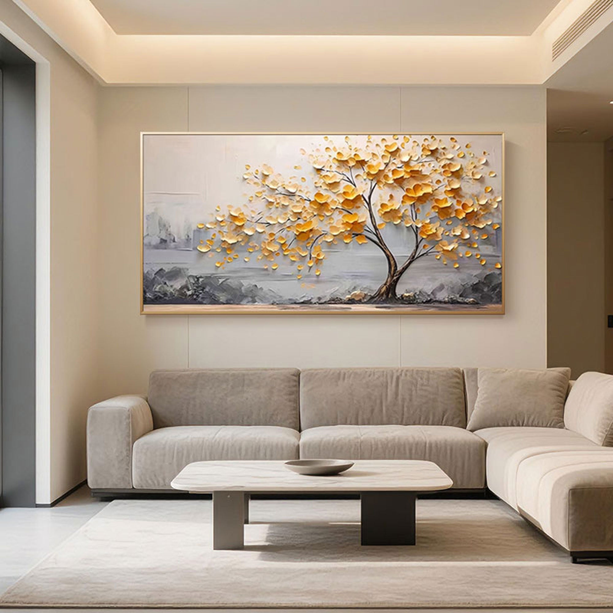 Contemporary living space featuring a gold textured tree abstract painting.