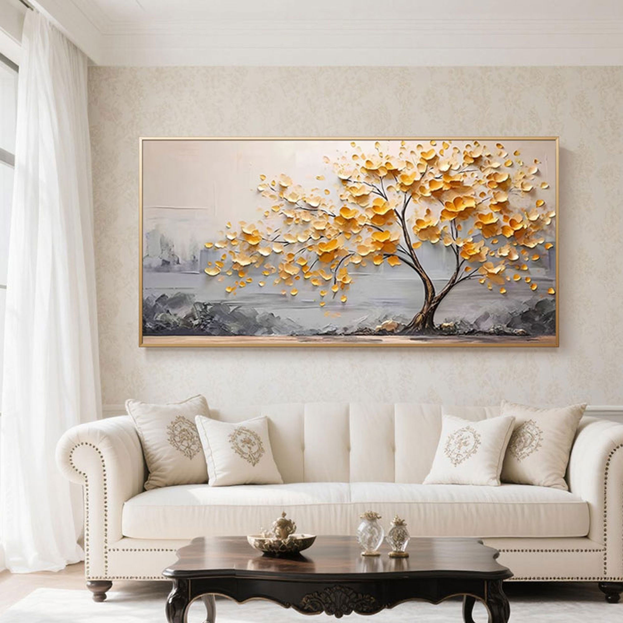 Close up of the gold textured leaves in the abstract tree painting.