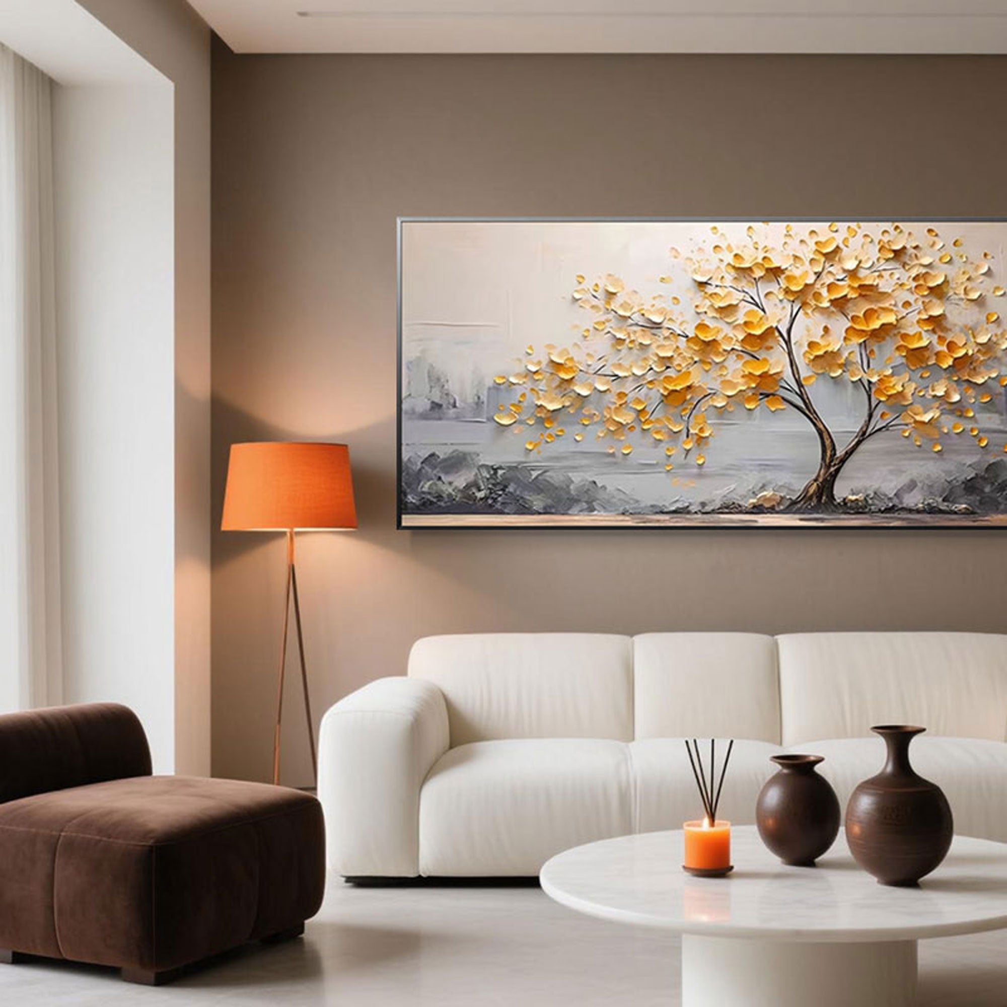 Detailed view of the hand painted gold hues and texture of the abstract tree art.