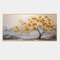 Textured gold abstract tree painting on canvas with a light gray background.
