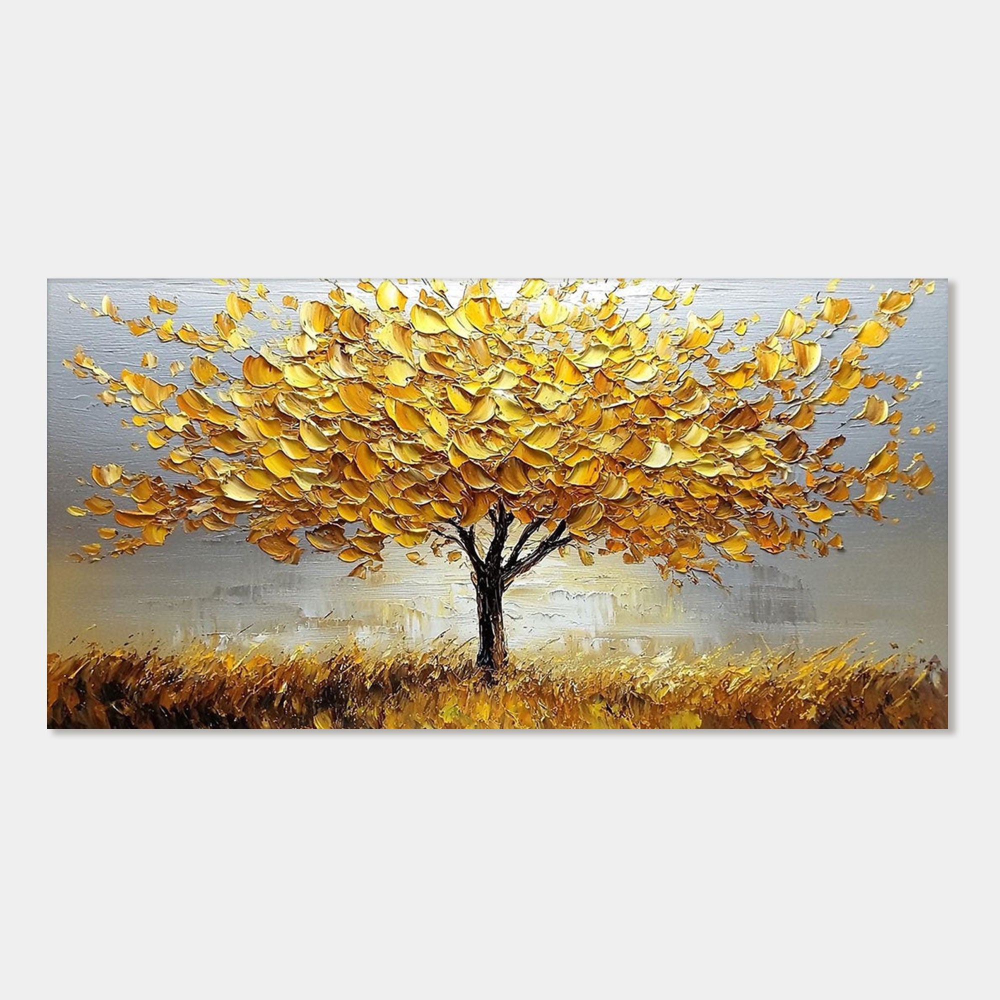 Textured gold leaf tree painting on canvas.