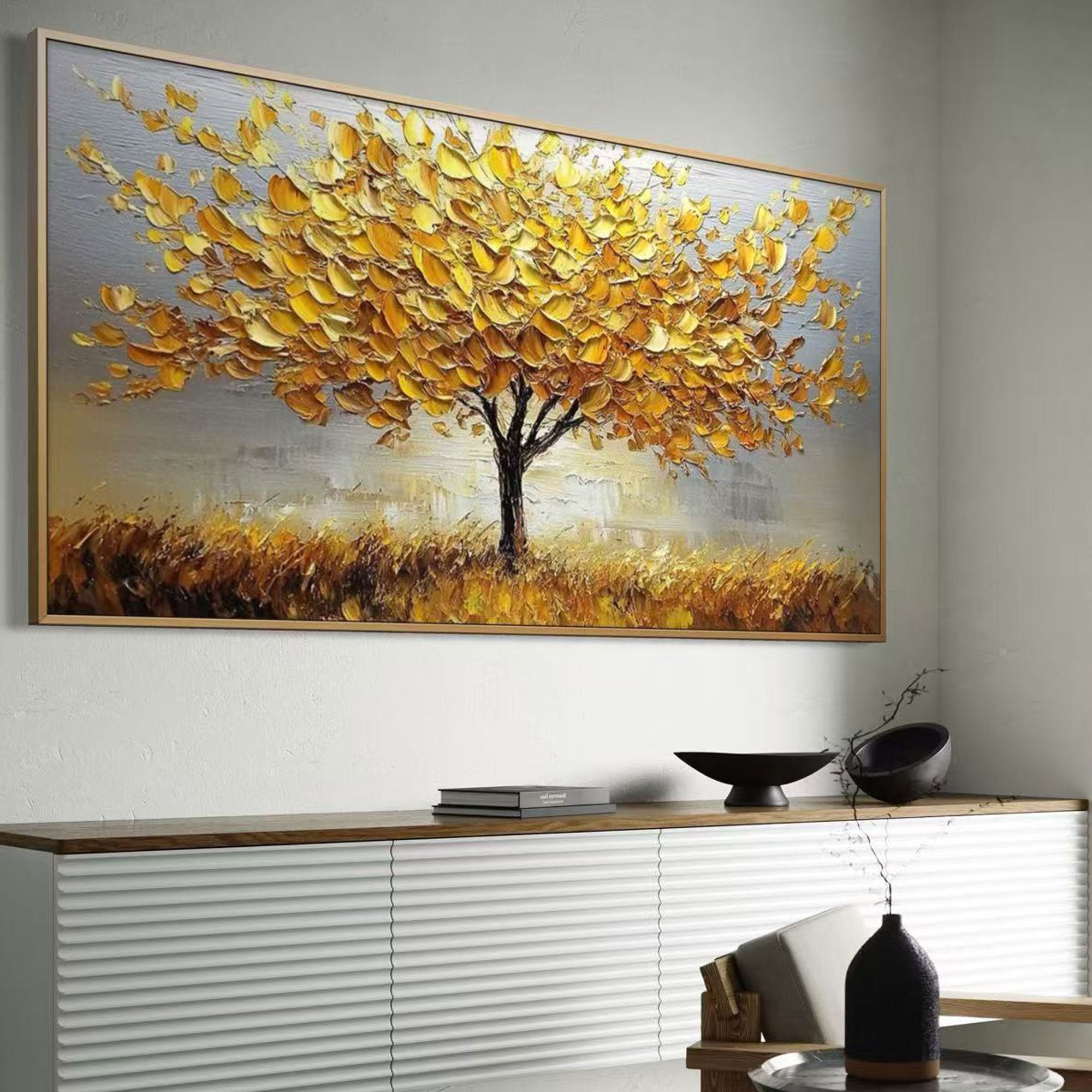 Horizontal canvas art showcasing golden branches.
