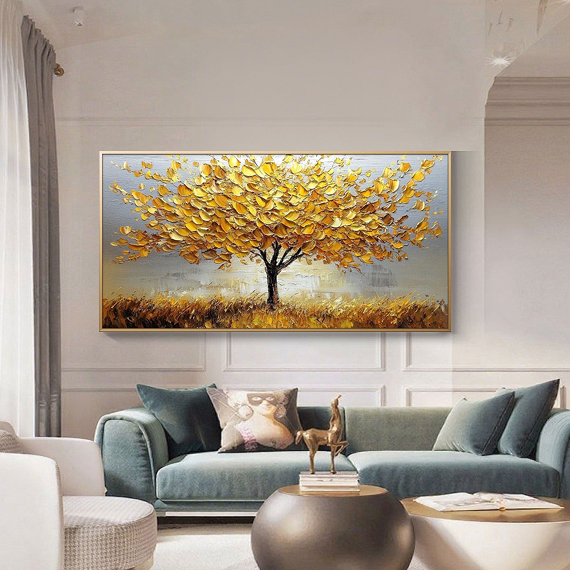 Close up of the painting's impasto texture and golden hues.