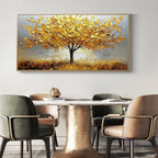 Abstract gold tree art framed over dining table.