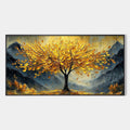 Textured gold tree painting on canvas, abstract landscape style.