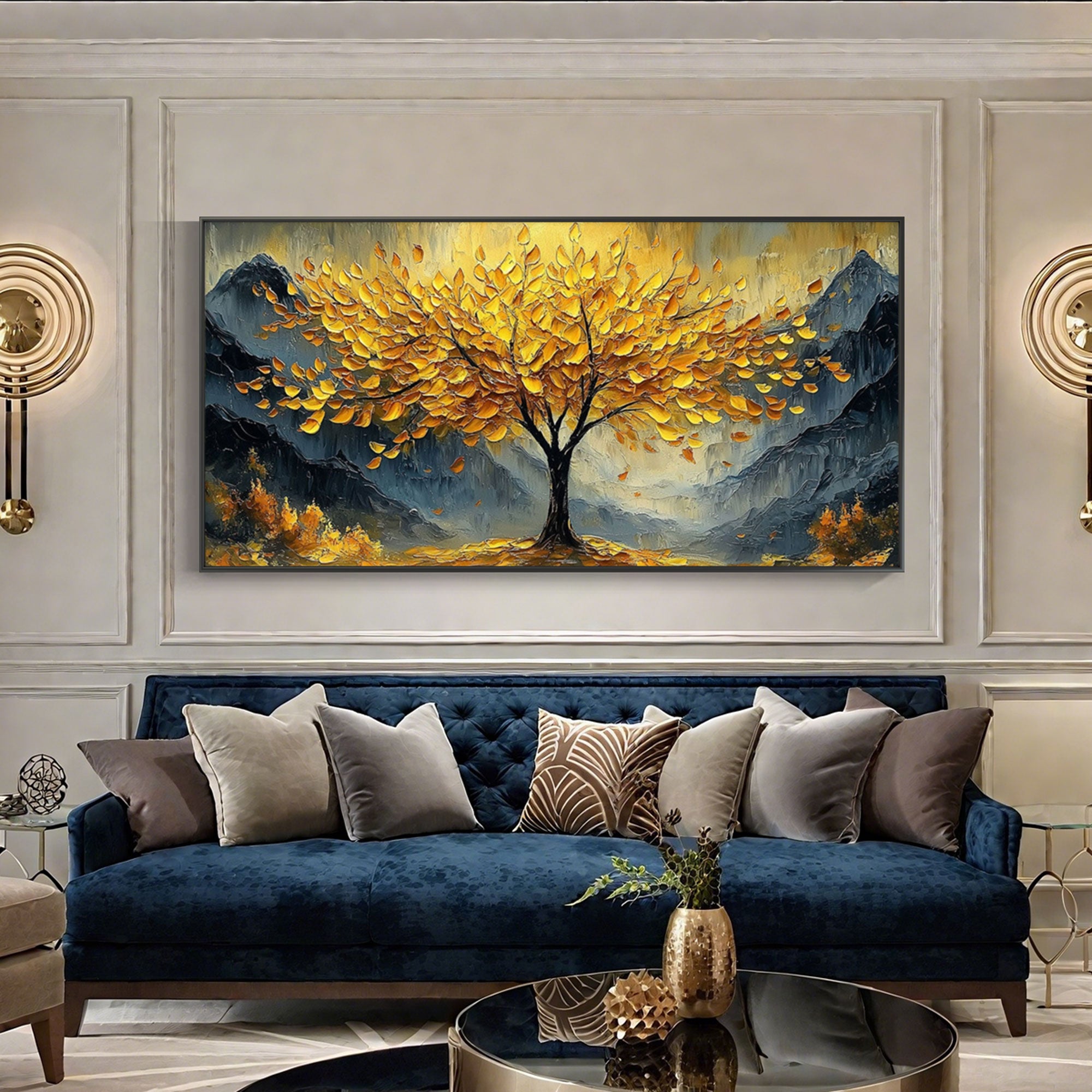 Textured gold tree canvas art above a blue velvet sofa.