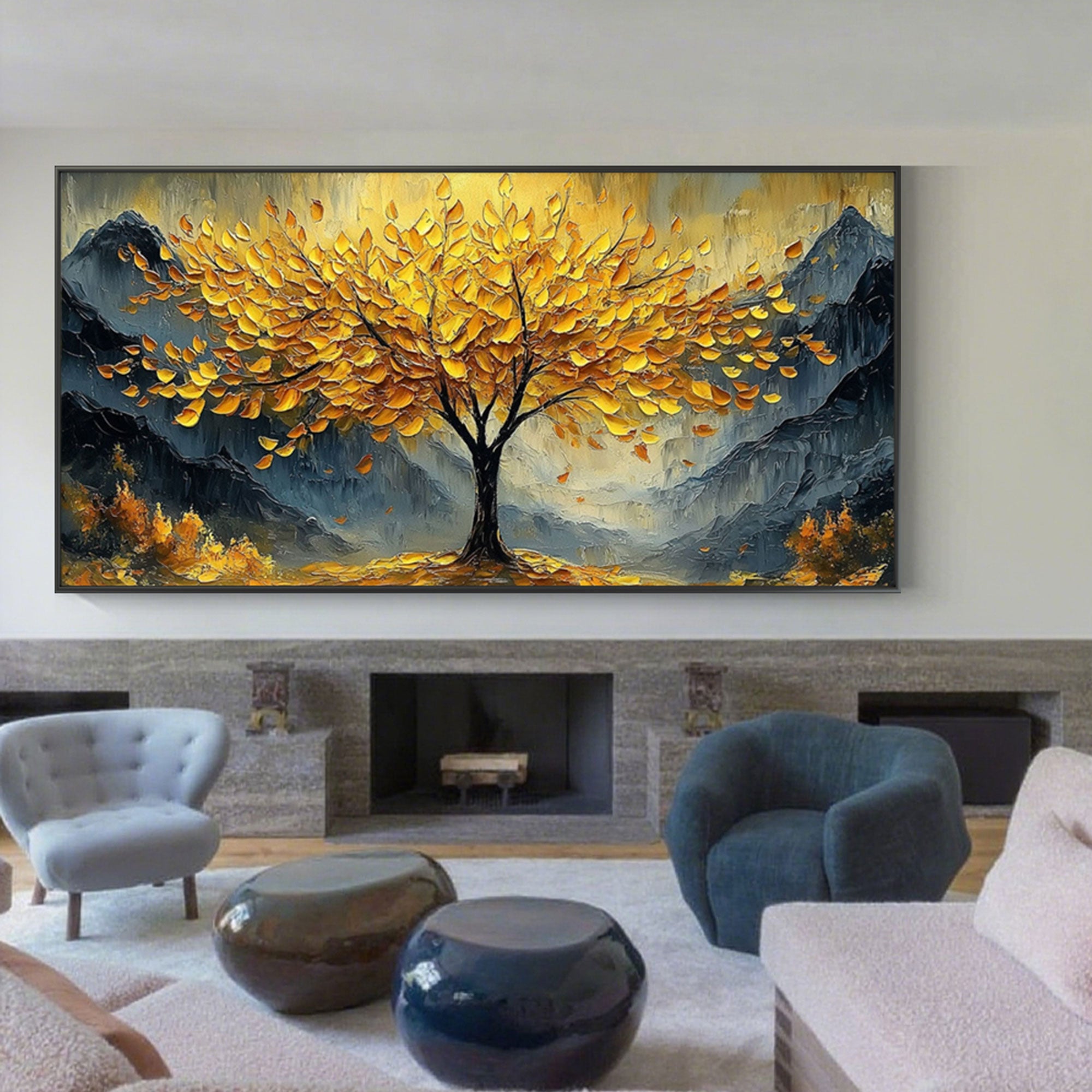 Large textured gold tree painting displayed above fireplace.