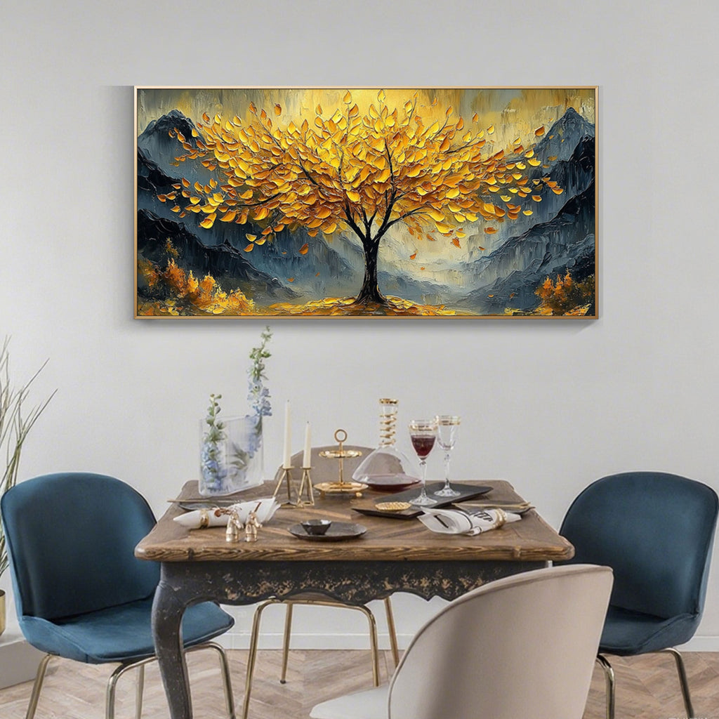 Textured gold impasto style painting of a tree with golden leaves.