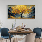 Textured gold impasto style painting of a tree with golden leaves.