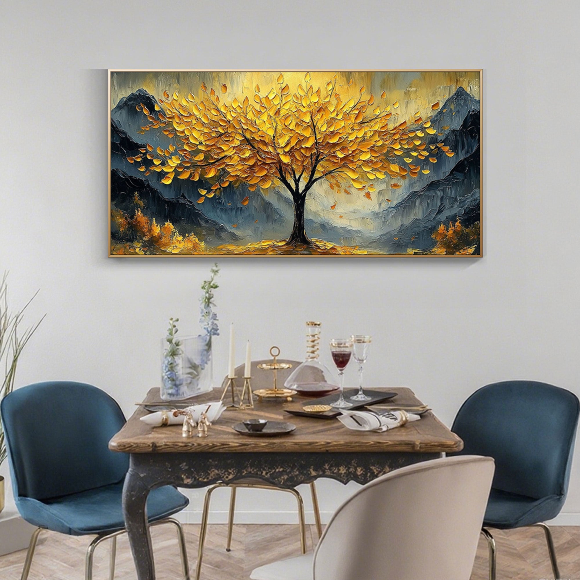 Textured gold impasto style painting of a tree with golden leaves.