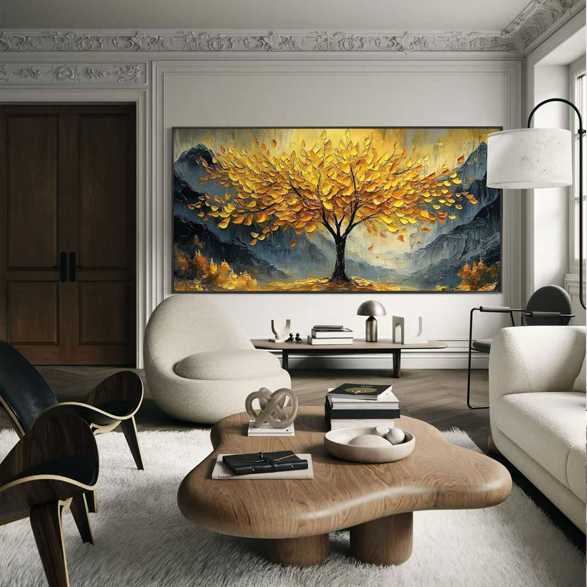 Expressive golden tree artwork on premium canvas with metal frame.