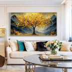 Aurora Grove gold tree wall art in living room setting.