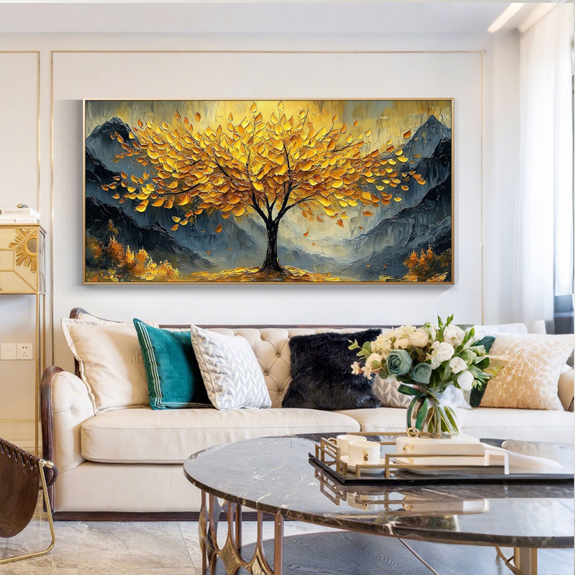 Aurora Grove gold tree wall art in living room setting.