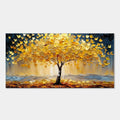 Textured 'Golden Pulse' tree art, yellow leaves on dark blue, horizontal canvas.