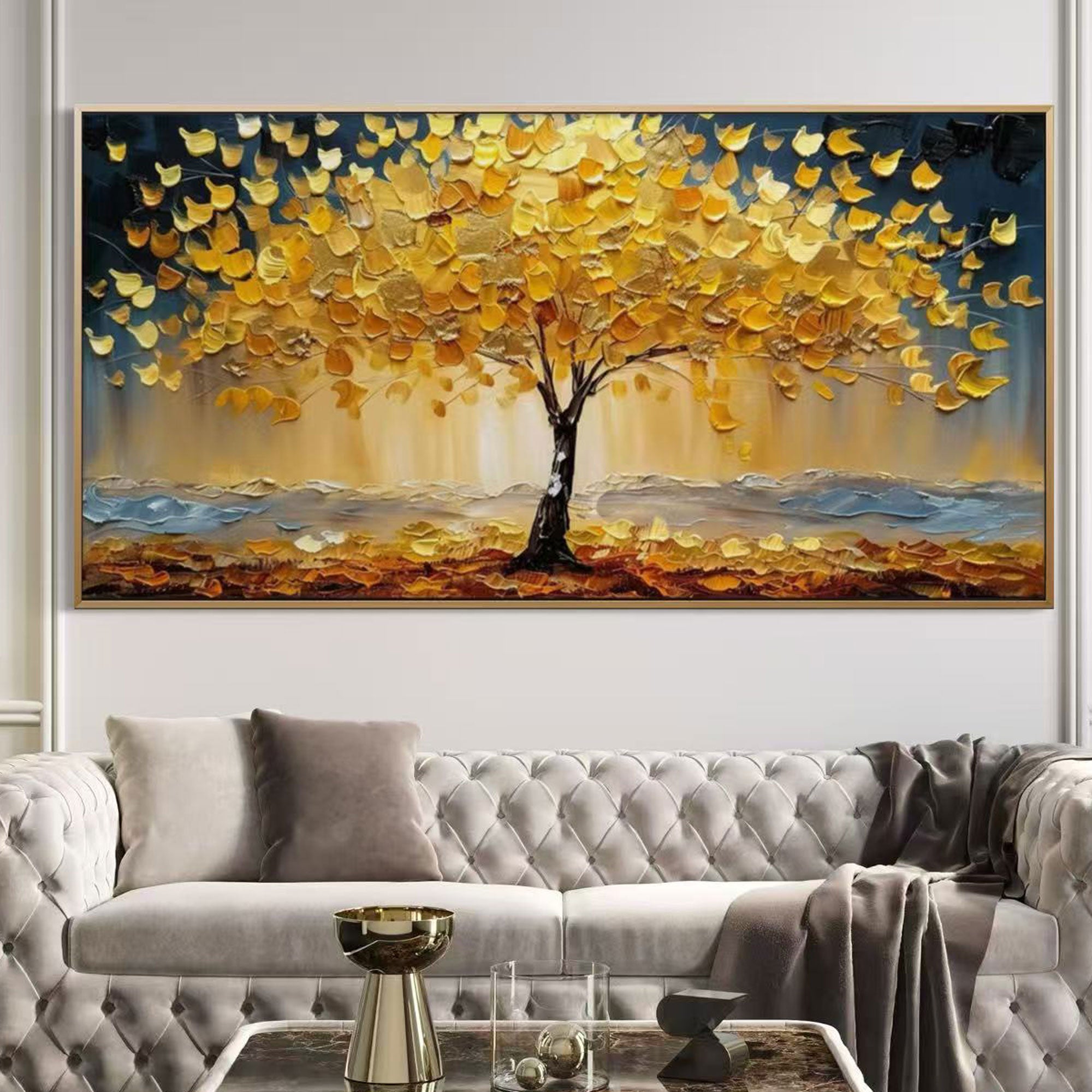 Textured Yellow Tree Painting Horizontal Canvas Wall Art for