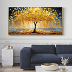 Textured 'Golden Pulse' tree art, yellow leaves on dark blue, horizontal canvas.
