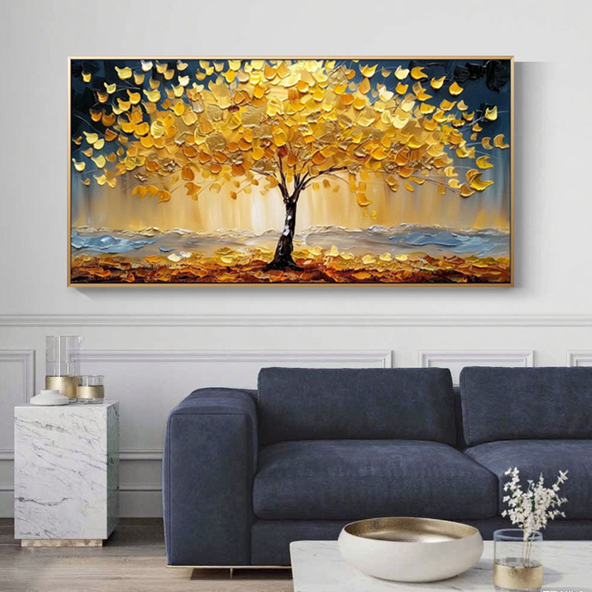 Textured 'Golden Pulse' tree art, yellow leaves on dark blue, horizontal canvas.