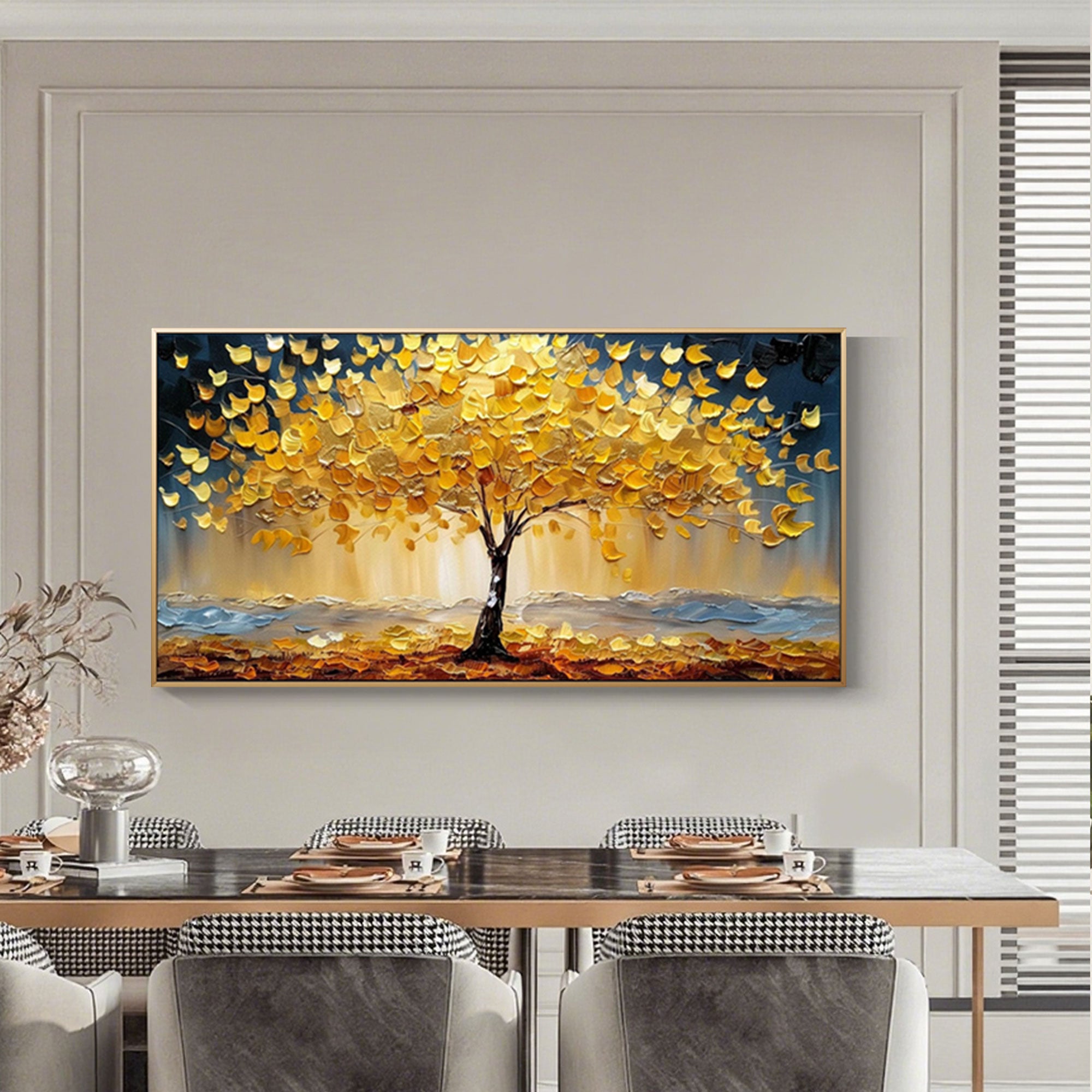 Textured gold 'Tree of Dawn' painting in dining room, golden leaves, abstract style.
