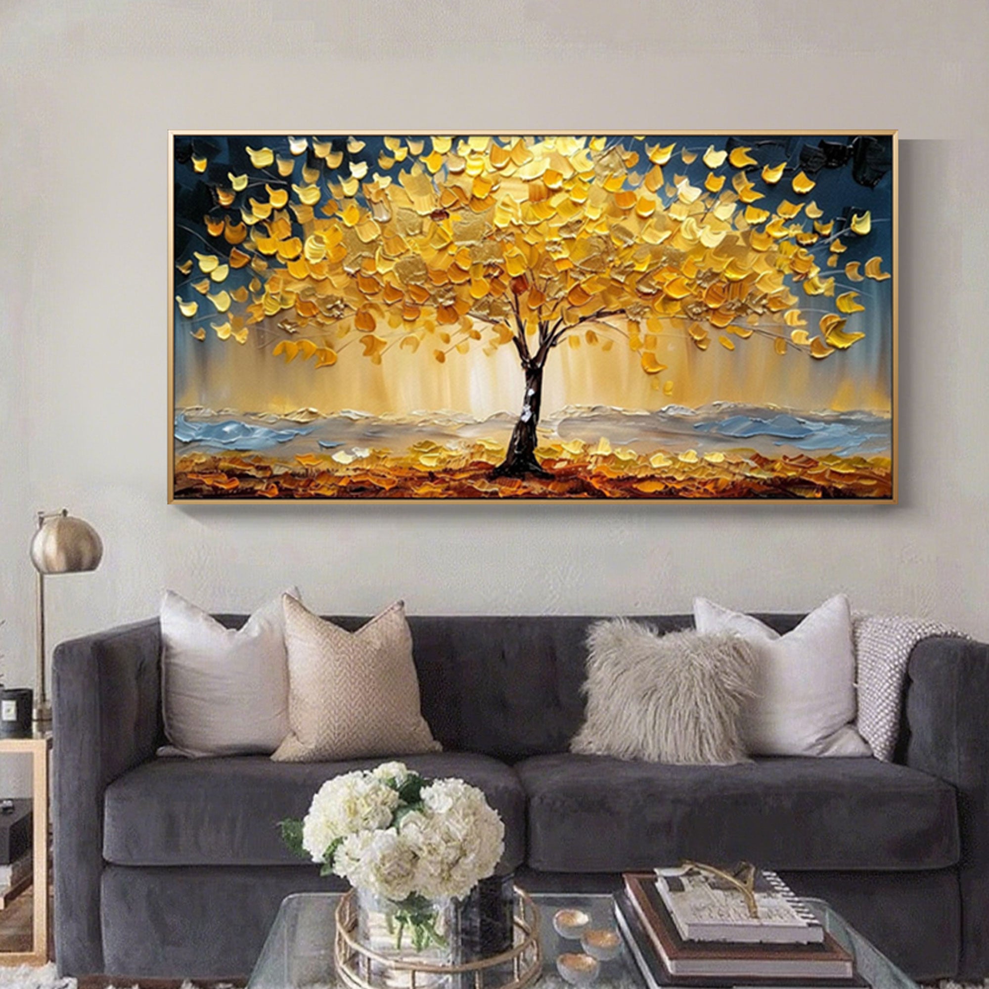 'Golden Pulse' textured gold tree wall art above couch in living room.