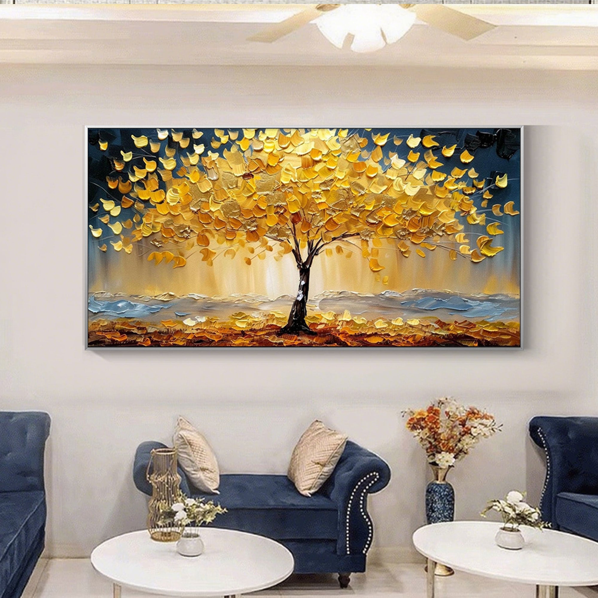 'Golden Pulse' tree art above blue sofa, textured oil paint, living room decor.