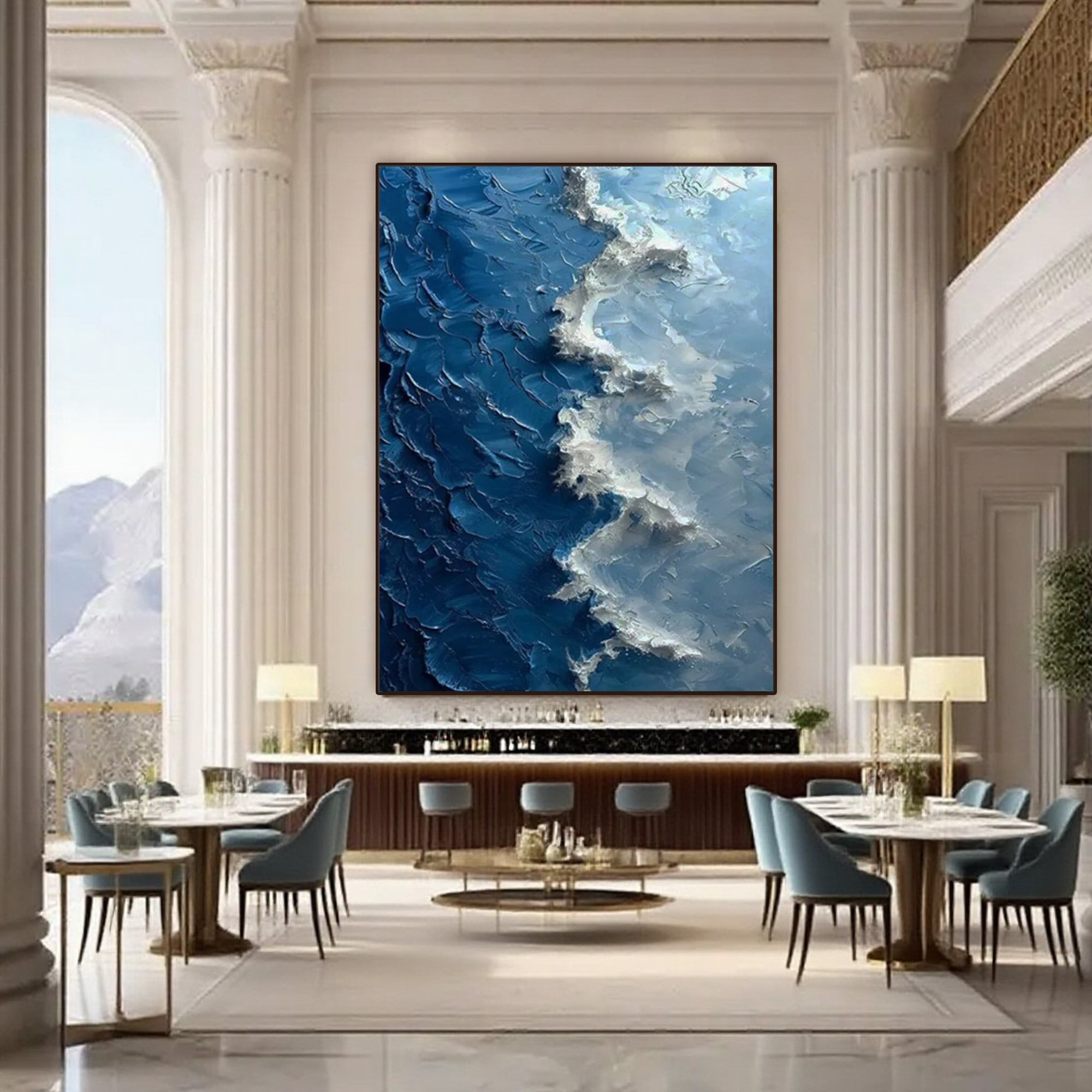 Large Azure Silence ocean wave canvas art in a luxurious restaurant setting.