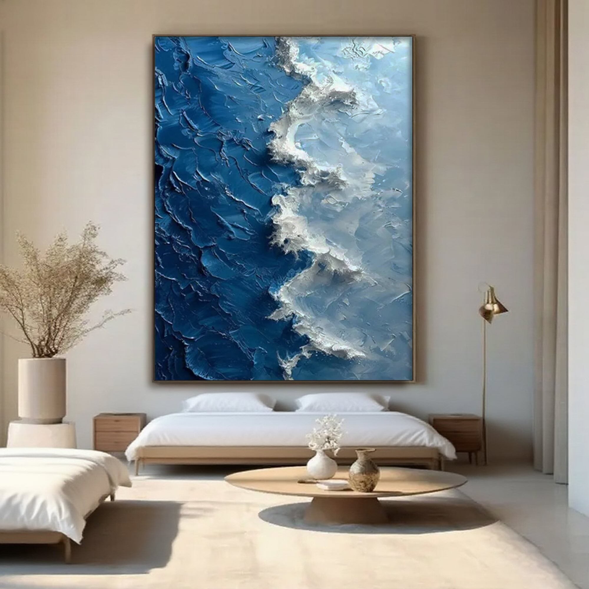 Azure Silence ocean wave artwork in a modern bedroom setting.