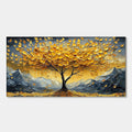 Textured golden tree landscape art on canvas. Vivid yellow leaves and gray mountains.