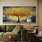 Framed 'Golden Drift' tree landscape wall art hanging above a green couch.