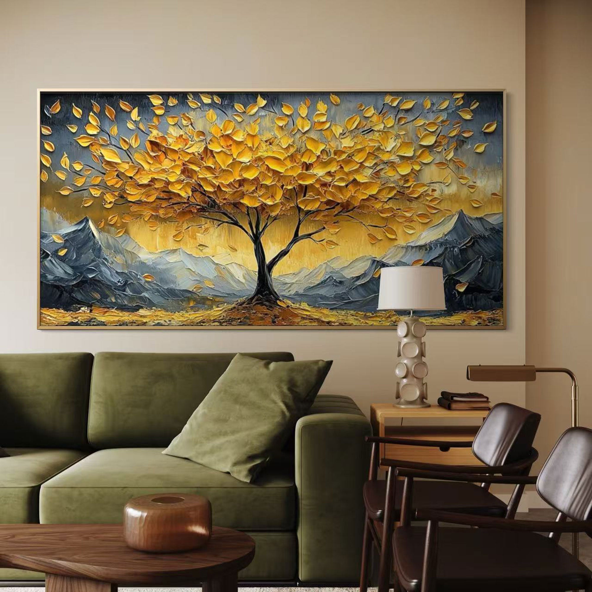Framed 'Golden Drift' tree landscape wall art hanging above a green couch.