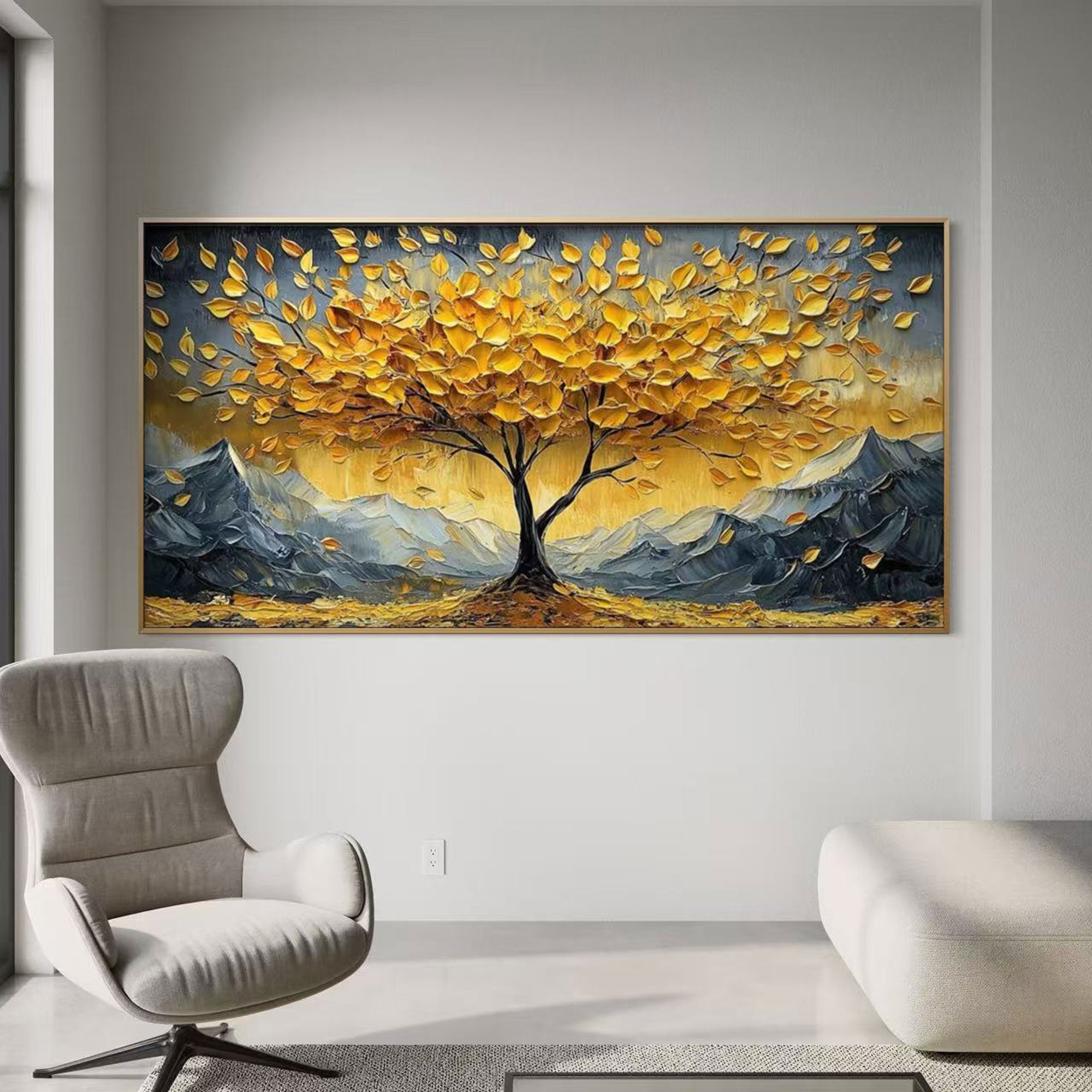 Textured golden tree landscape art on canvas. Vivid yellow leaves and gray mountains.