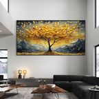'Golden Drift' tree art in a modern living room. Landscape painting above a sofa.